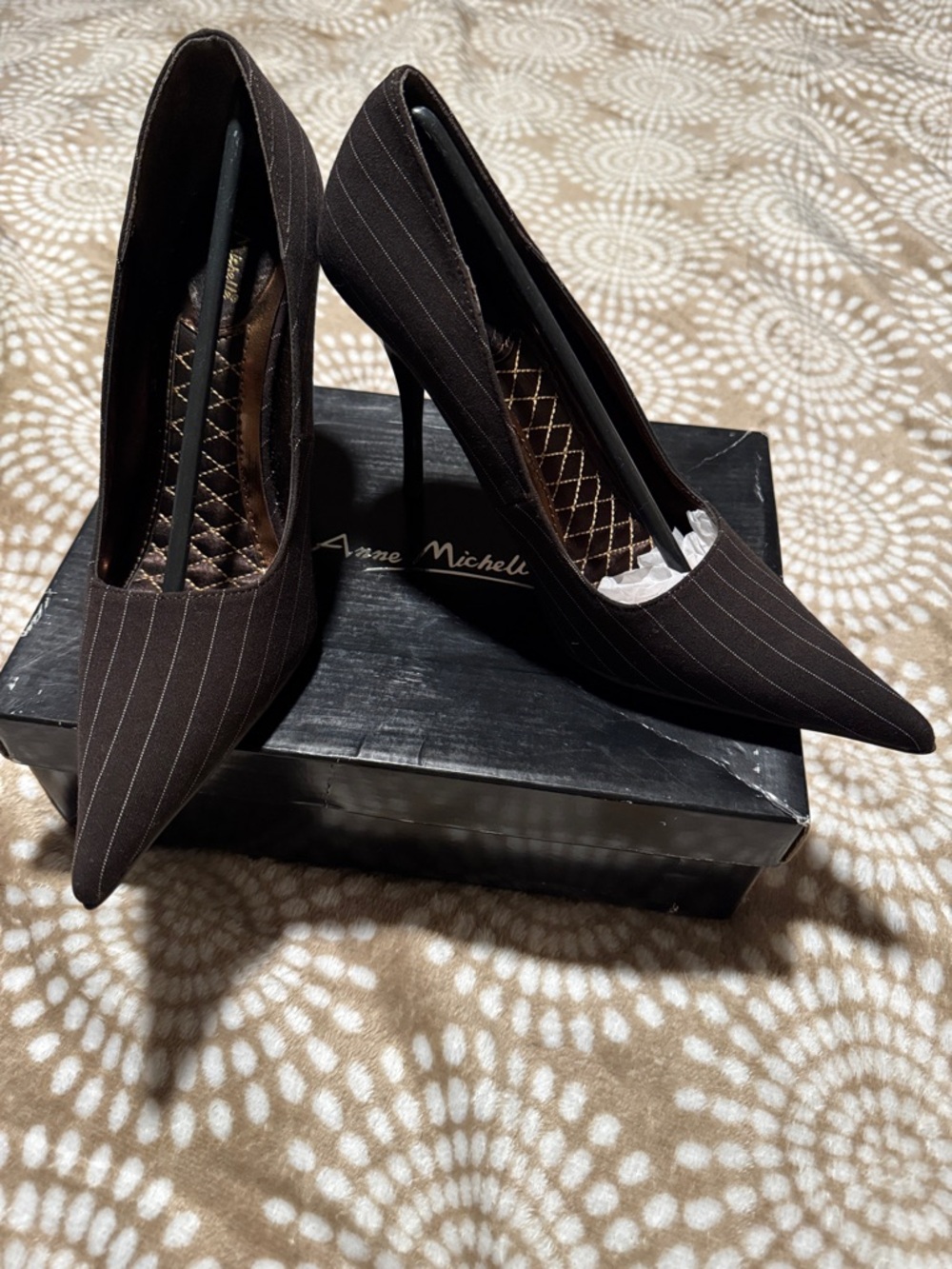 Anne Michelle Dark Brown Pinstripe Pointed Stiletto Heels